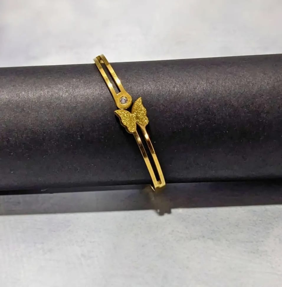 Gold Plated Butterfly Design Kada Bangle with Synthetic Stones, Openable Anti Tarnish Waterproof Casting Bracelet for Women & Girls