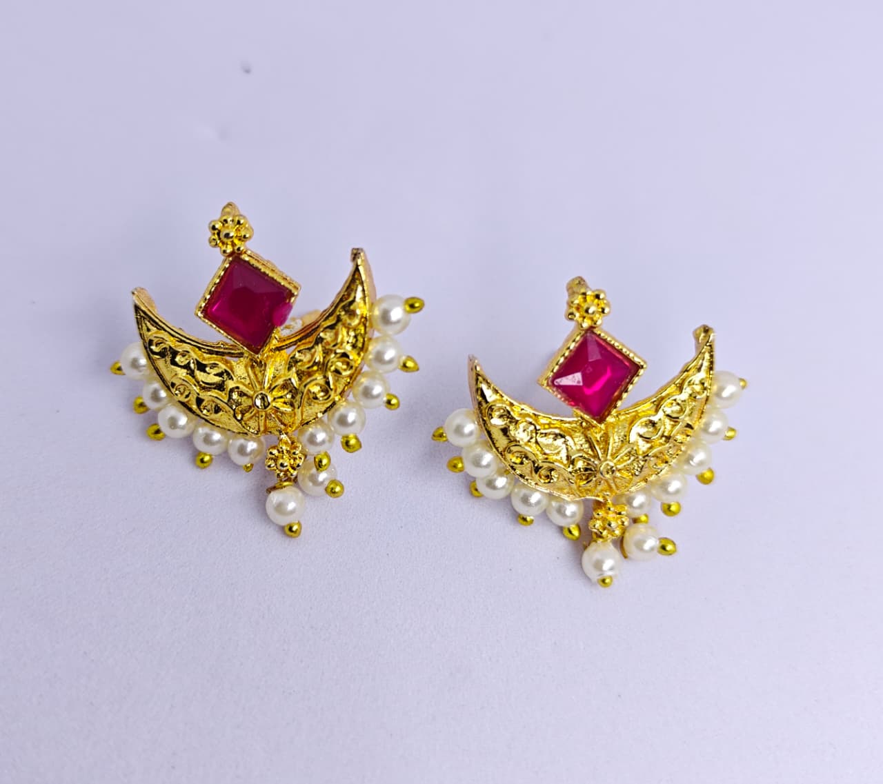 Pearl Chandrakor Earrings Maharashtrian Traditional & festive wear gold Plated stud Earrings for Women & Girls