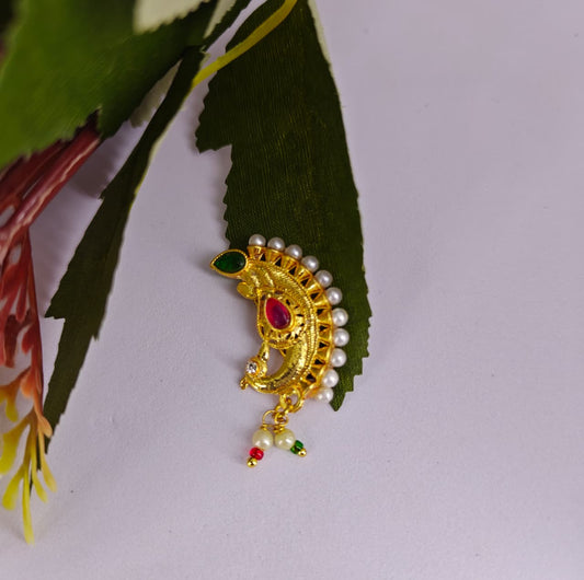 Maharashtrian culture Nath Oxidised Gold with Artificial stone and beads and Pearls Alloy Mini Nose Ring