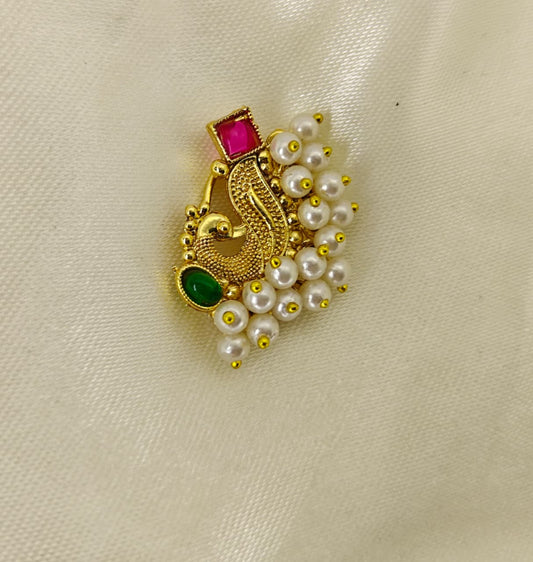 Golden Pearl Traditional  Maharashtrian nath for Women / Pressing Nose ring