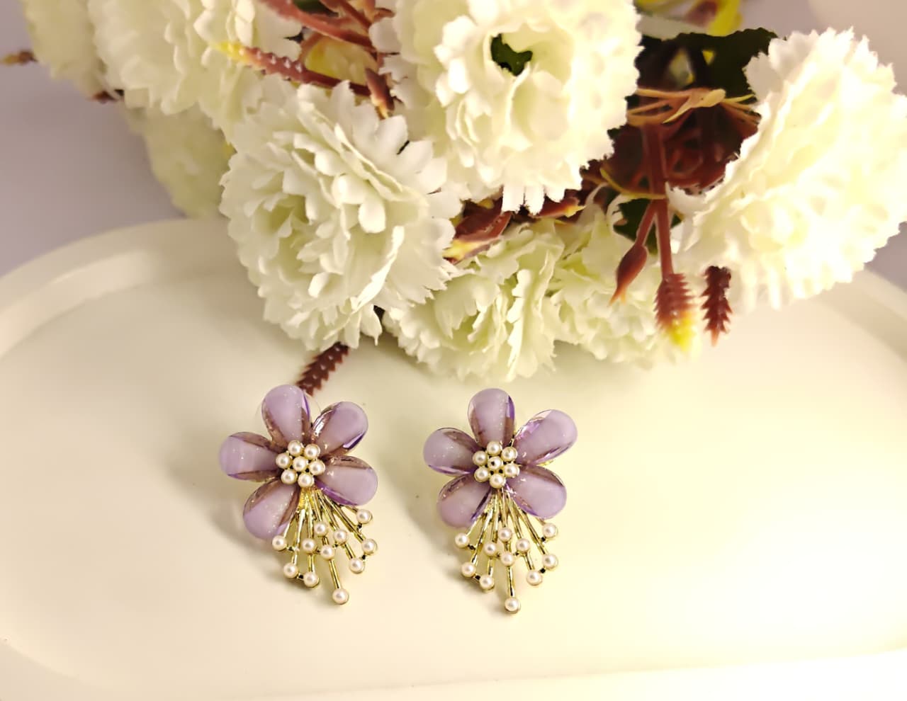 World of Jewellery Floral Pearl Stud Earrings Set for Women & Girls | Gold Plated Korean Style Earrings | Stylish Gift Jewellery in Flower Design