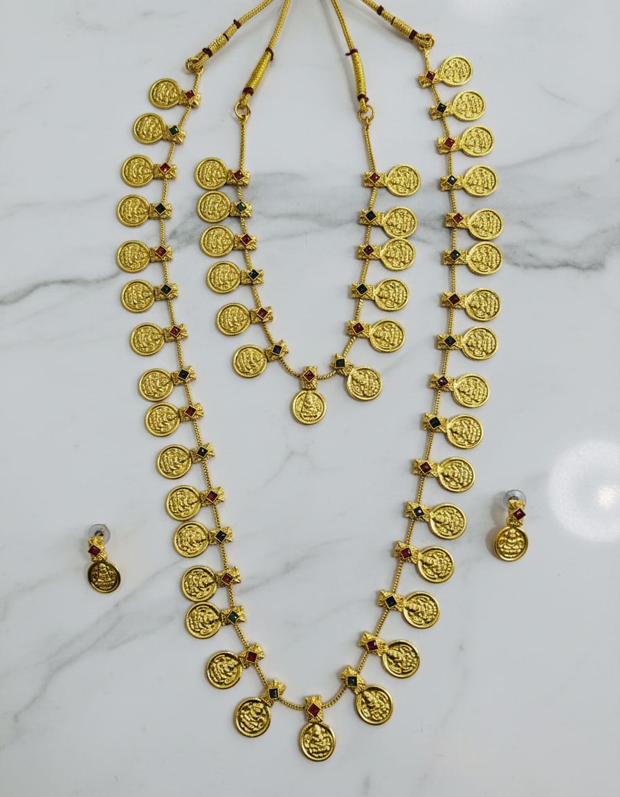 Traditional Stylish Double lyre Coin Maharani Haar Necklace With Earrings For Women