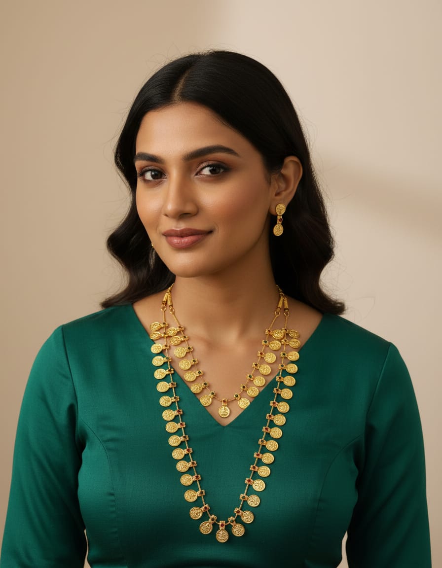 Traditional Stylish Double lyre Coin Maharani Haar Necklace With Earrings For Women